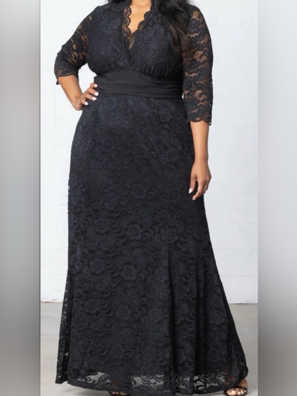 Kiyonna Black Lace V-Neck Maxi Dress with Waistband